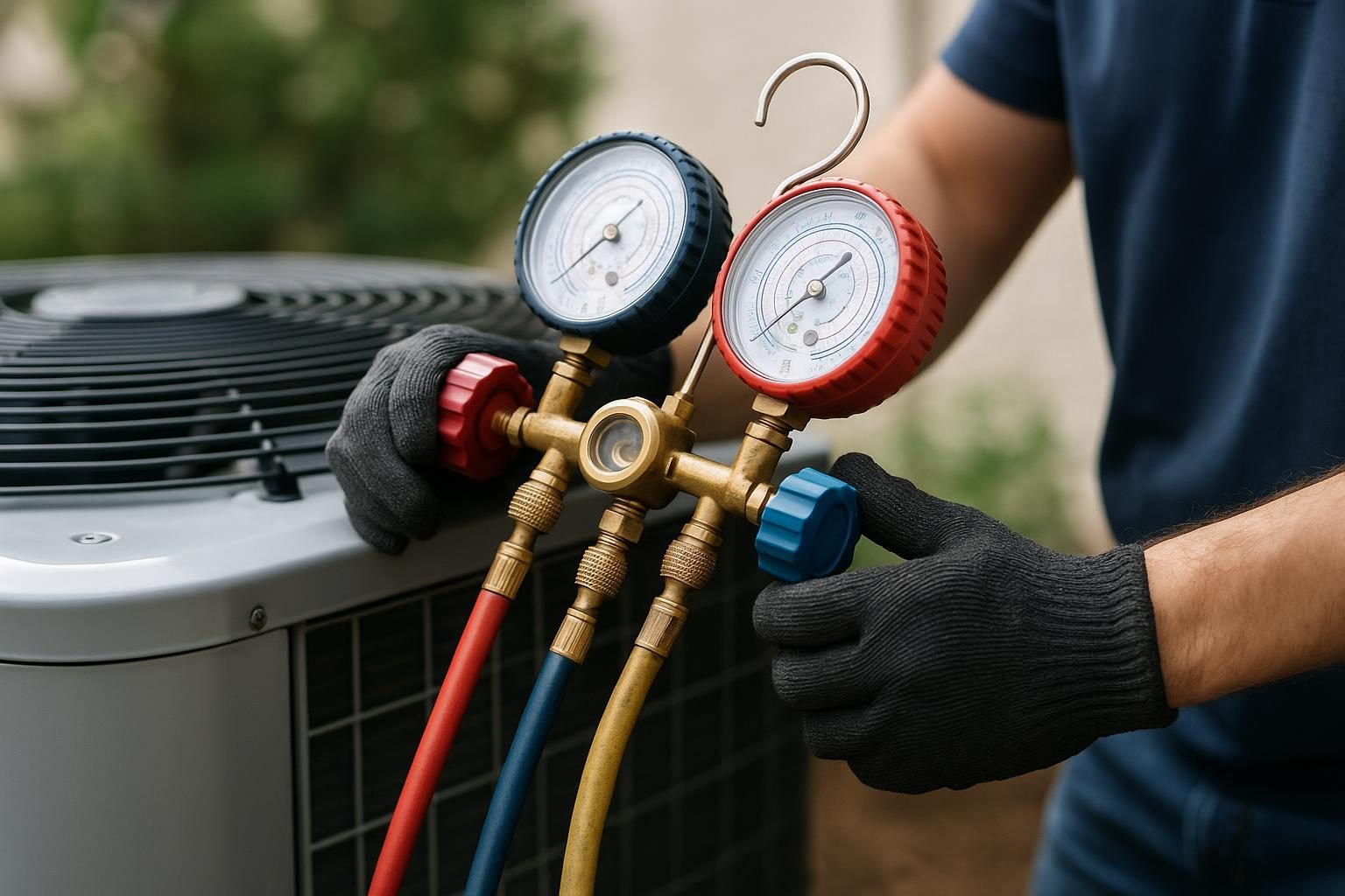 An HVAC technician checking an air conditioning unit in Dallas